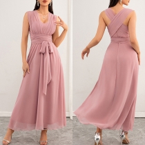 Mode V-ringad ärmlös self-tie Strappy Rosa klänning