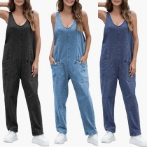 Street Style V-ringad Fickdetaljer Rygglös Justerbar Rem Denim Jumpsuit
