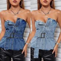 Sexig axelbandslös jeansskjorta med knappar och bälte, gammaltvättad look