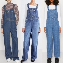 Vintage patchfickor Rak passform Denim Hängselbyxa