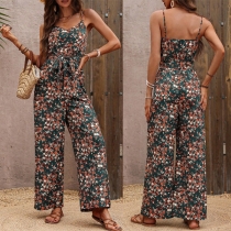 Blommig mönstrad V-ringad Self-tie Rygglös rak skuren Jumpsuit