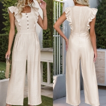 Moderiktig fyrkantig hals, framknäppt volang, ärmlös hög midja, rakt skuren jumpsuit