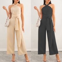 Halterneck Sleeveless Rak Passform Självknuten Band Jumpsuit