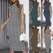 Vintage Houndstooth mönstrad Mock Neck ärmlös Smickrande Midiklänning