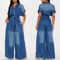 Modernt Ståkrage Kortärmad Självknytande Vida Bensflik Gammeltvättad Denim Overall