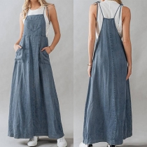 Moderiktig Patch Fickor Självknytande Axelband Vintage Tvättad Denimklänning