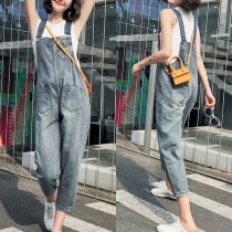 Patch Mode Flickor Gammalt Tvättad Denim Hängselbyxor