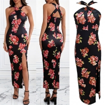 Mode blommig tryckt halterneck ärmlös rygglös sidoklänning i bodycon-stil