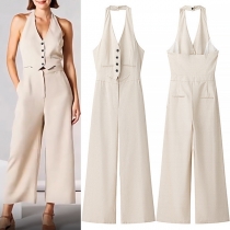 Enfärgad Mode Halterneck Ärmfri Jumpsuit med Framknappar och Vida Ben