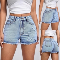 Moderiktiga Höghus Stjärnmönster Äldre Tvättade Jeansshorts med Fransiga Kanter