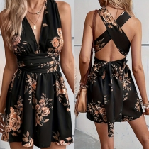 Bohemisk stil blommönstrad V-ringad korsad rygglös Strappy Romper