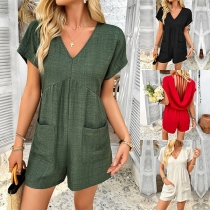 Bohemisk Stil V-ringad Kortärmad Draperad Backlös Strappy Romper