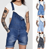 Casual framfickor uppvikta fåll Vintage tvättad denim hängselbyxa