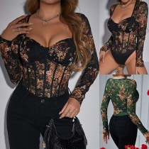 Modernt blommigt broderad korsett bodysuit med hjärtformad halsringning och långärmad design