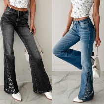 Högmidjade jeans - Slim fit med stretch, utsvängd design och stilfulla spetssömmar