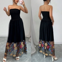 Moderiktig Off-shoulder Högmidjad Blommigt Broderad Mesh Spliced Maxiklänning