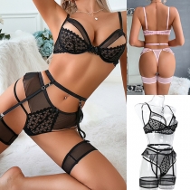 Sexigt halvkupat underklädesset - 3-delars ihålig meshdesign med vågmönster och halvgenomskinligt tyg
