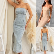 Sexig Axelbandslös Denim Bodycon Klänning i Vintage-stil