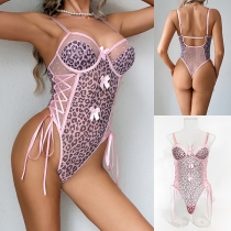 Sexig Bodysuit med Leopardtryck Gasväv och Sidosnörning Rygglös med Rosett Underkläder