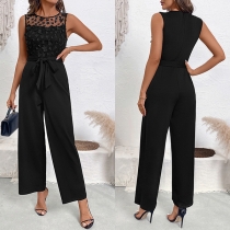 Moderiktig rund halsringad ärmlös 3D-blommig jacquardknutbar rak jumpsuit