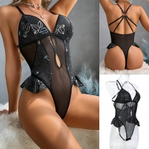 Sexig Blommig Bling-bling Tryckt Utskuren Volang Halvgenomskinlig Lingeriebody