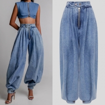 Retro ballongjeans - hög midja, avslappnad passform med dragkedja för vardagen