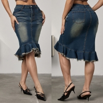 Vintage hög midja fiskbensfärgad fransad denimkjol