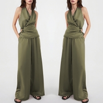 Chic tvådelat set med omlottblus och vida jumpsuit