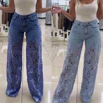 Jeans med hög midja och vida ben med genombrutna spetsdetaljer