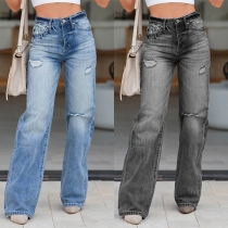 Trendiga midjehöga slitna raka vintagetvättade jeans