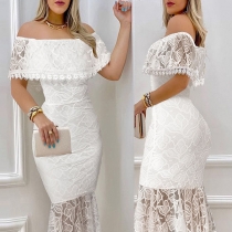Damfestklänning i off-shoulder-spets med fisksvans