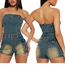 Denimromper utan axelband med sidofickor och vintage-tvätt – sexig design