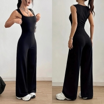 Sommarjumpsuit dam utan krage – ärmlös, axelbandsfri med vida ben i avslappnad design