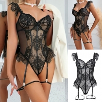 Transparent bodysuit med blommönstrad ögonfransspets för dam