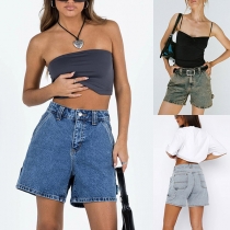 Trendiga midjehöga jeansshorts i vintage-tvätt för dam