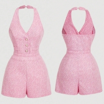 Dam elegant figurnära ärmlös halterneck-jumpsuit med djup V-ringning