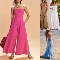 Ärmlös, avslappnad jumpsuit med tubtopp, hög midja och vida ben