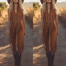 PU-läderjumpsuit i brunt med tofs och matchande västmodell