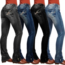 Stretchjeans med rak, smal passform och broderade detaljer
