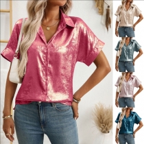 Fashion Bright-color Stand Collar Short Sleeve Front Button Blouse