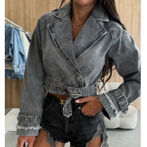 Jeansjacka i denim med kavajkrage och vintage-tvättad finish