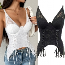 Moderiktig blommig jacquard-spets V-ringad push-up-top med snörning och oregelbunden fåll