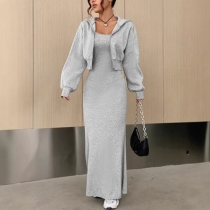 Tvådelat set med smal långklänning och kort långärmad kofta