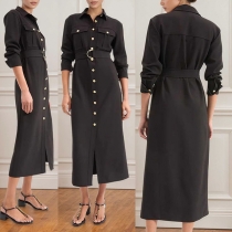 Trendig långärmad skjortklänning med ståkrage, knappar framtill och midjebälte