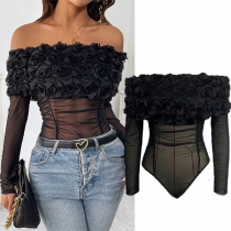Off-shoulder-body med 3D blomdekorationer