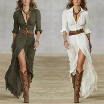 Retroklänning med V-ringning, långa ärmar, markerad midja och sidoslits