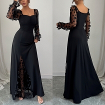 Långärmad meshklänning med blommotiv på ärmarna