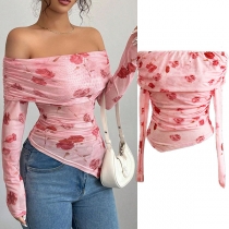 Slim fit-topp med mönster, båtringning och ojämn volangkant