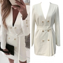 Elegant V-ringad långärmad dubbelknäppt självknytsklänning