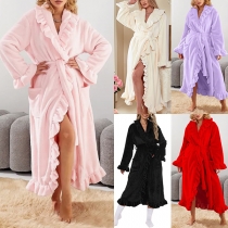 Bekväm varm enfärgad pyjamas med volanger och slag, långärmad och knytbar morgonrock